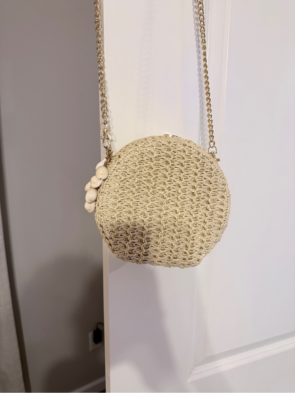 Haute Hippie Cream Woven Round Crossbody with Shell Accent